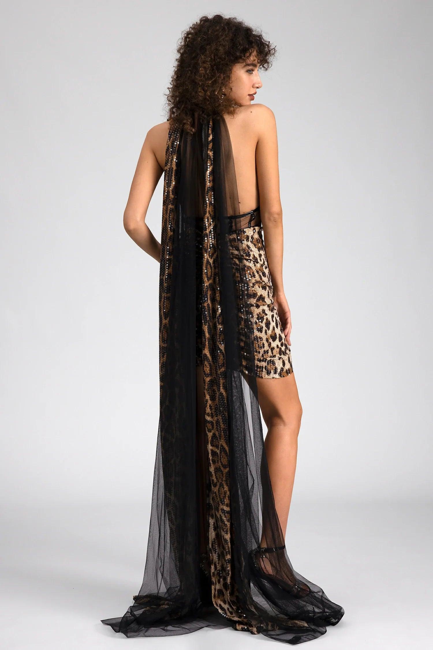 Pre-Sale Losif Leopard Print Shawl Sequin Dress