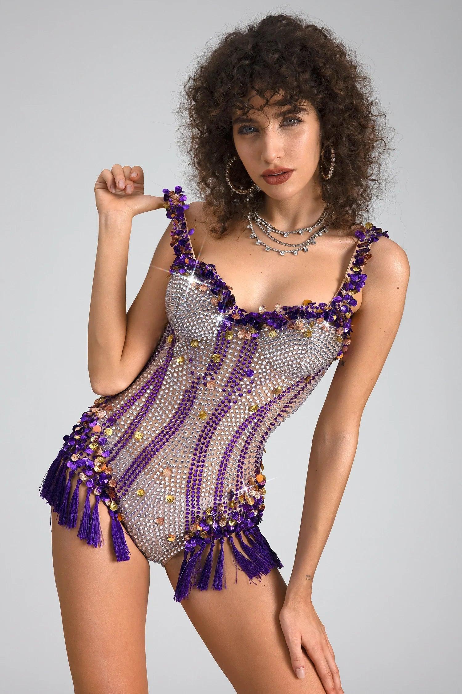 Lason Rhinestone Sheer Fringe Bodysuit