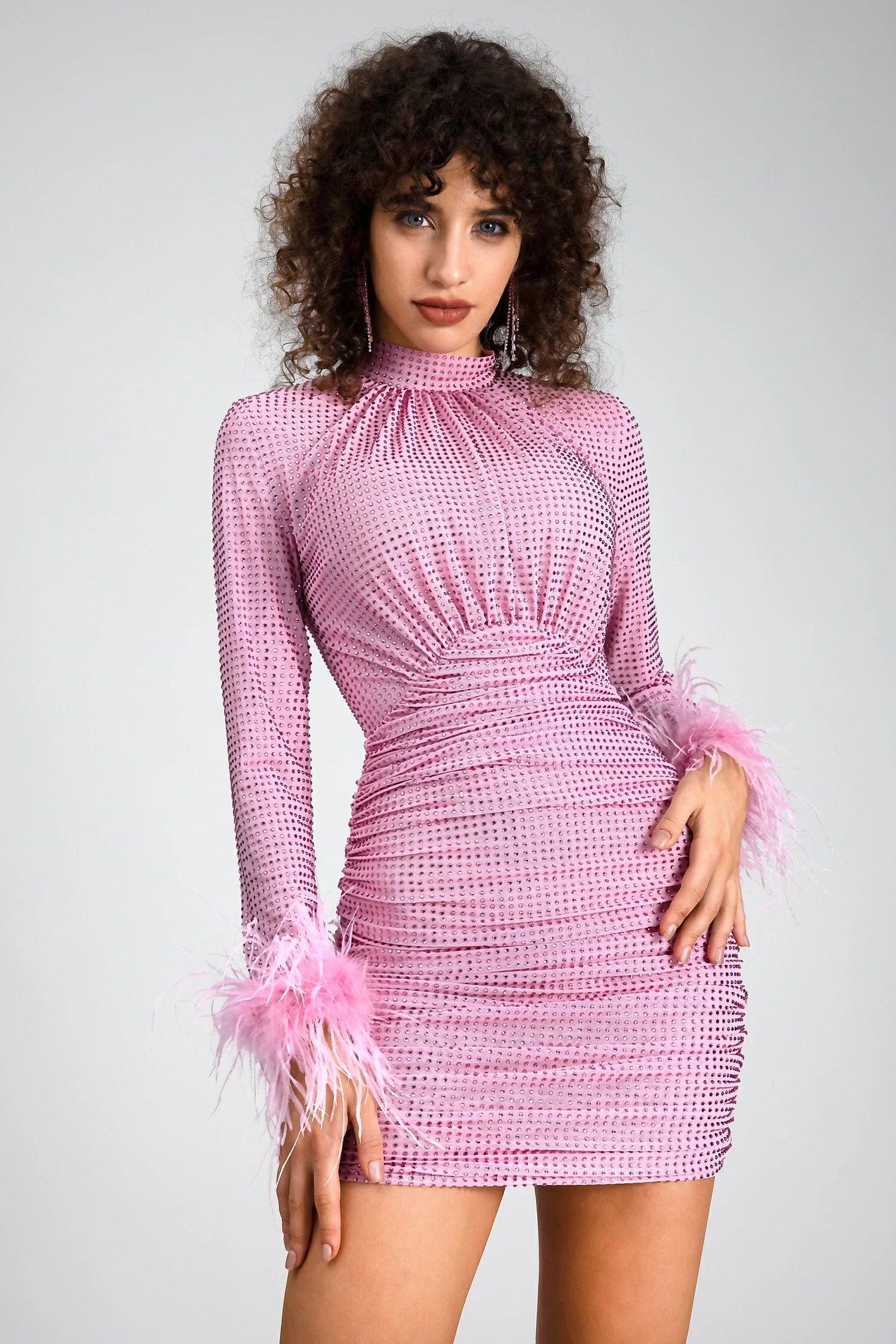 Makrea Rhinestone Feather Pleat Mini Dress