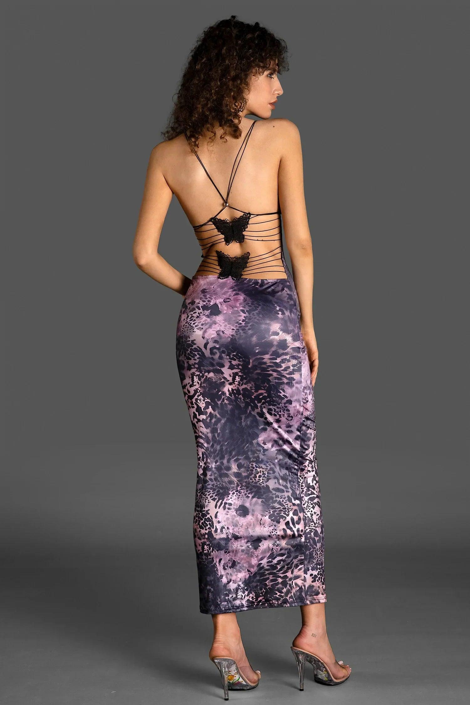 Vella Spaghetti Leopard Print Backless Dress In Purple