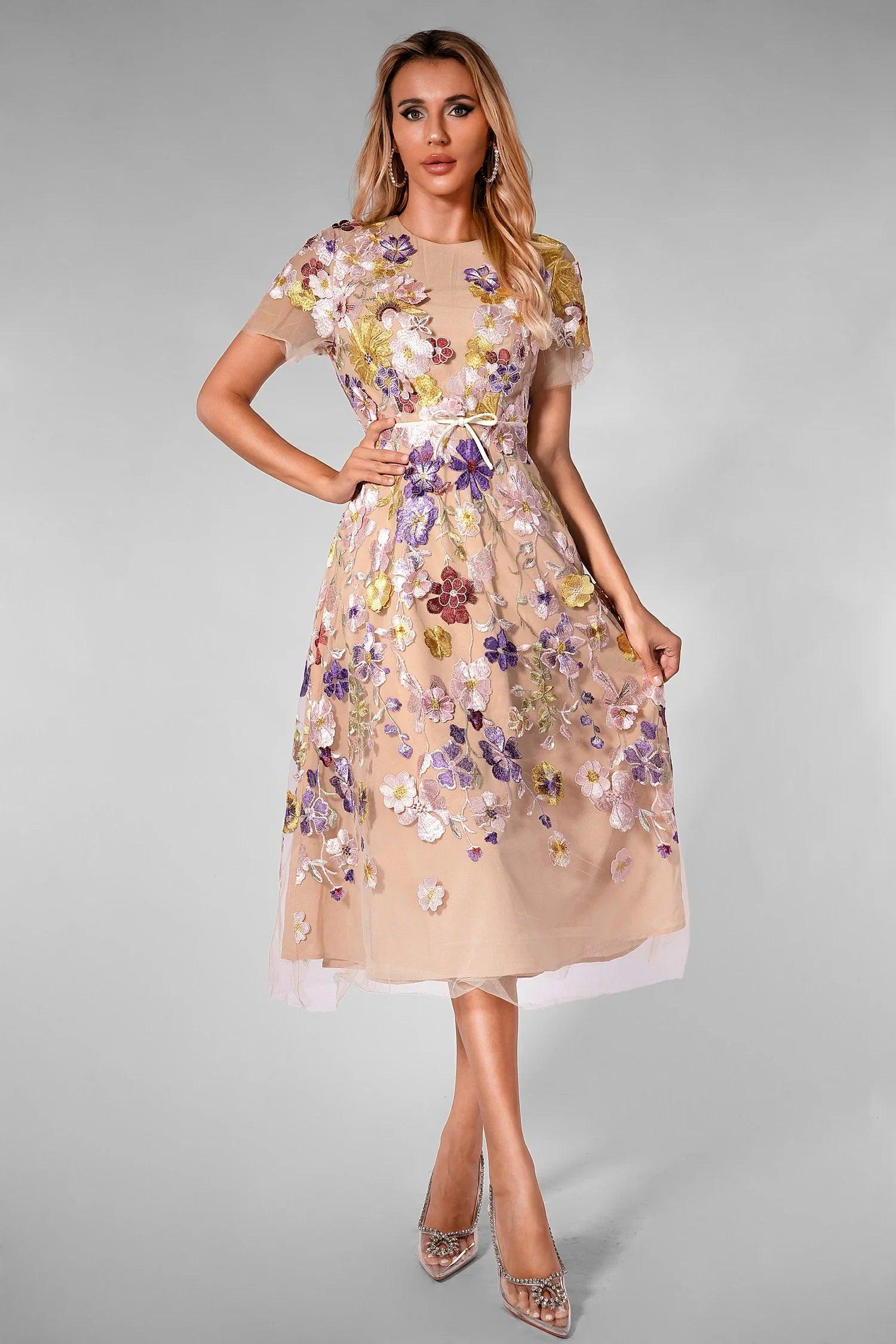 Olaya 3D Floral Belt Midi Dress