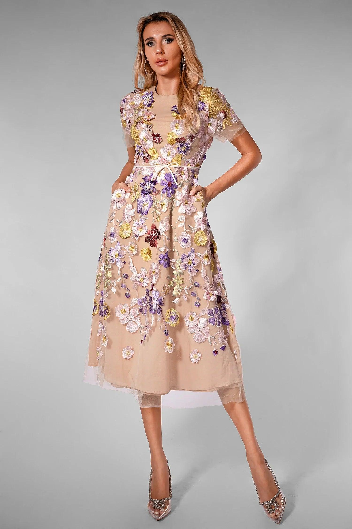 Olaya 3D Floral Belt Midi Dress