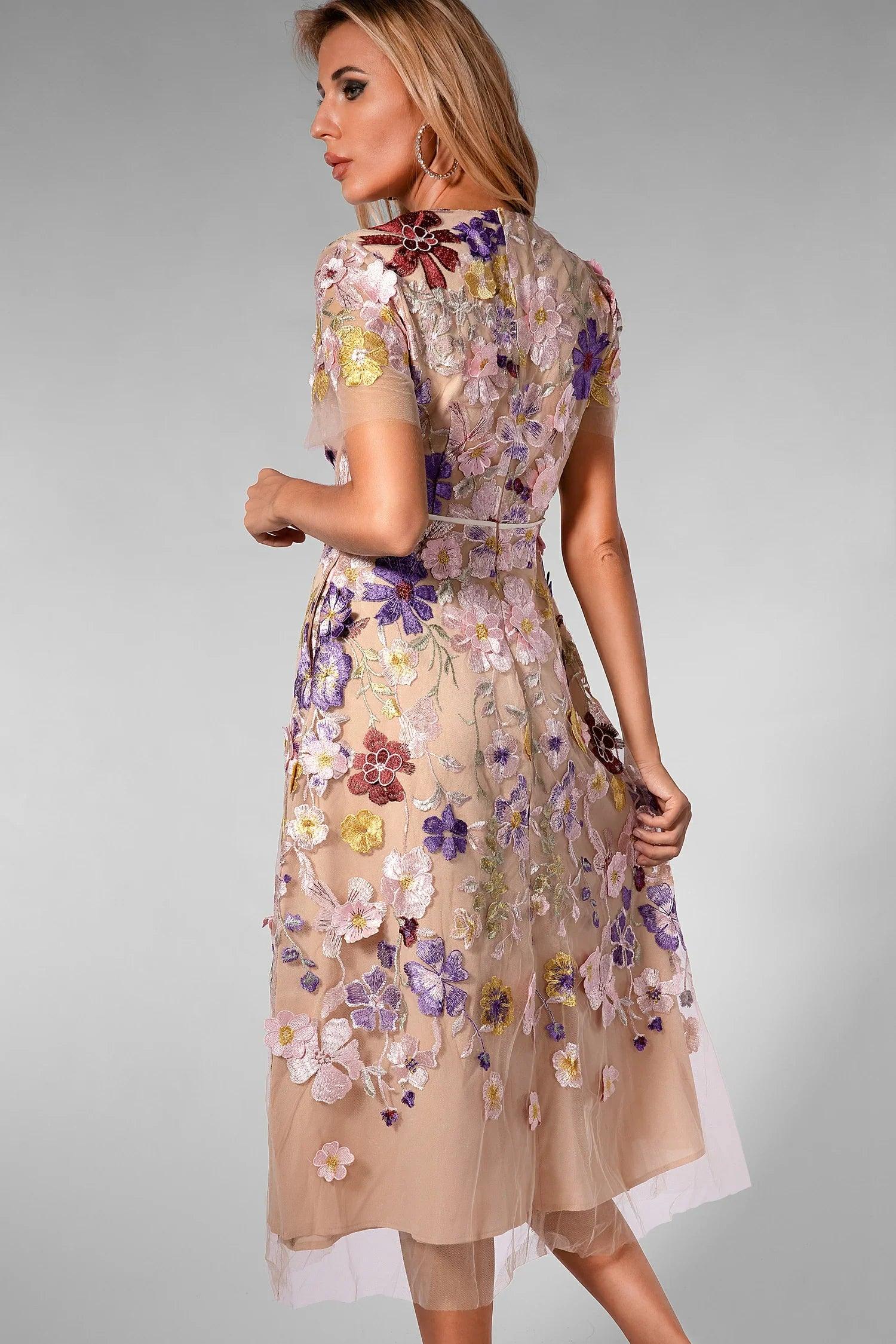 Olaya 3D Floral Belt Midi Dress