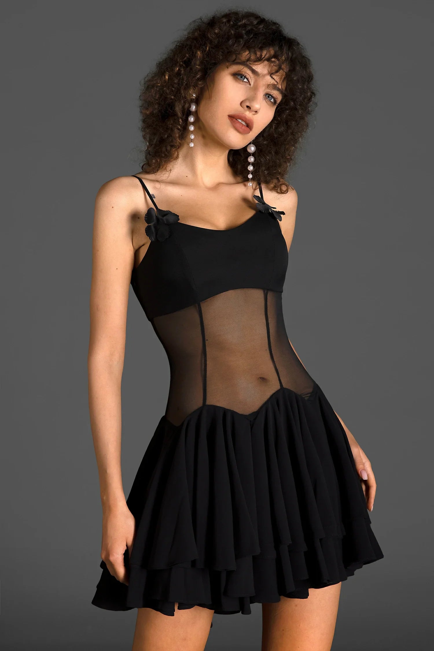 Zaneta Spaghetti Sheer Ruffle Mini Dress In Black