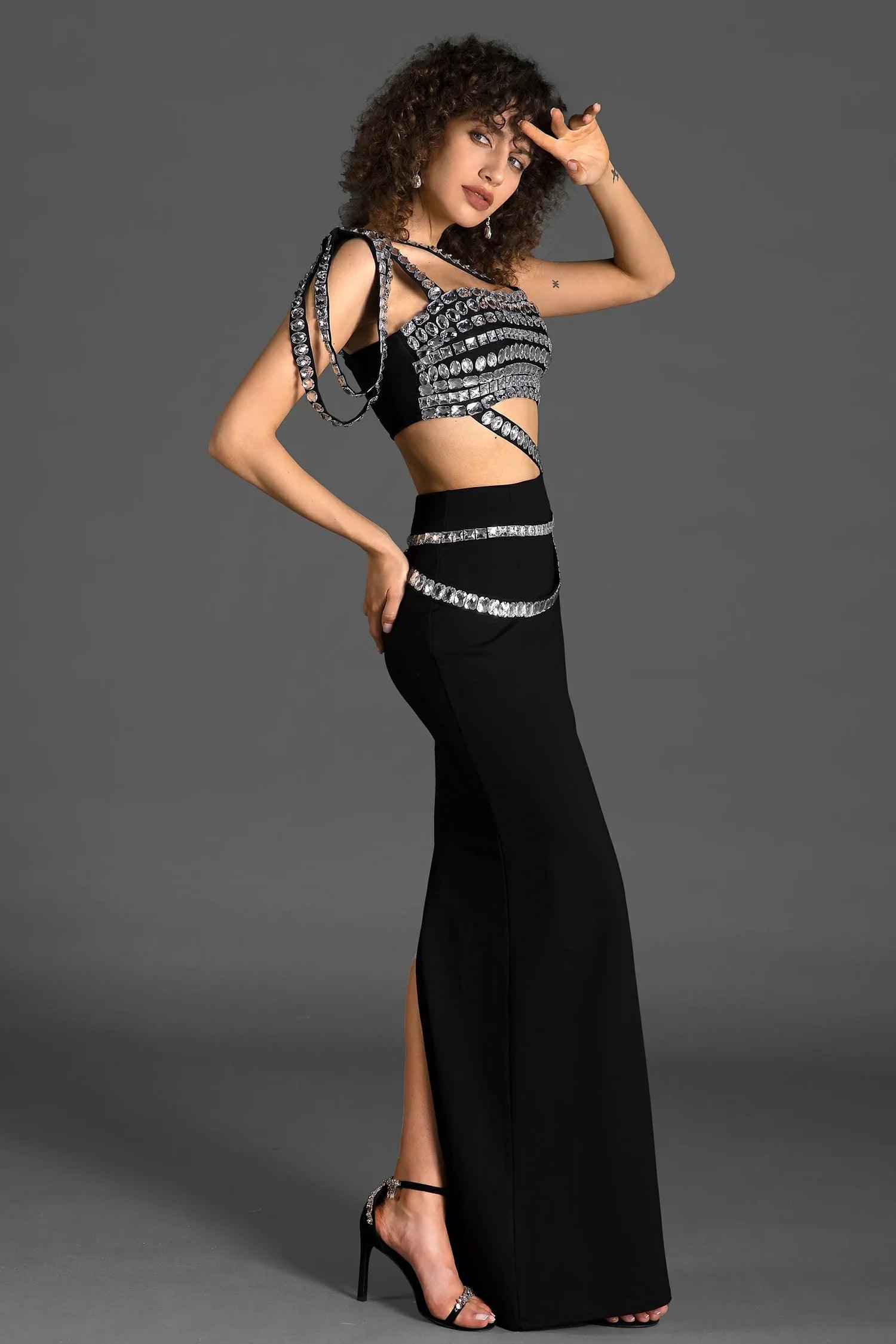 Vaelora One Shoulder Drape Crystal 2 Piece Set