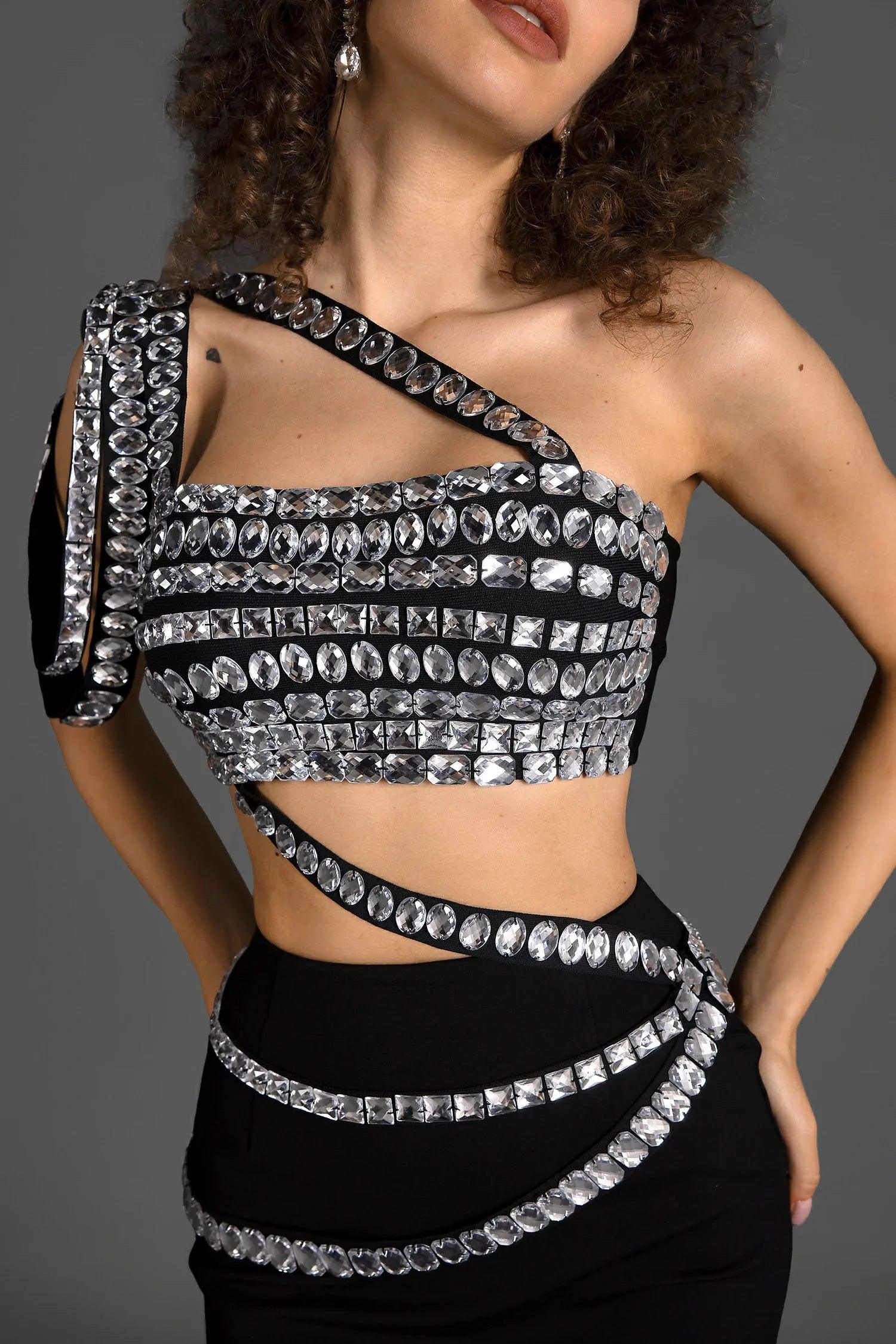 Vaelora One Shoulder Drape Crystal 2 Piece Set