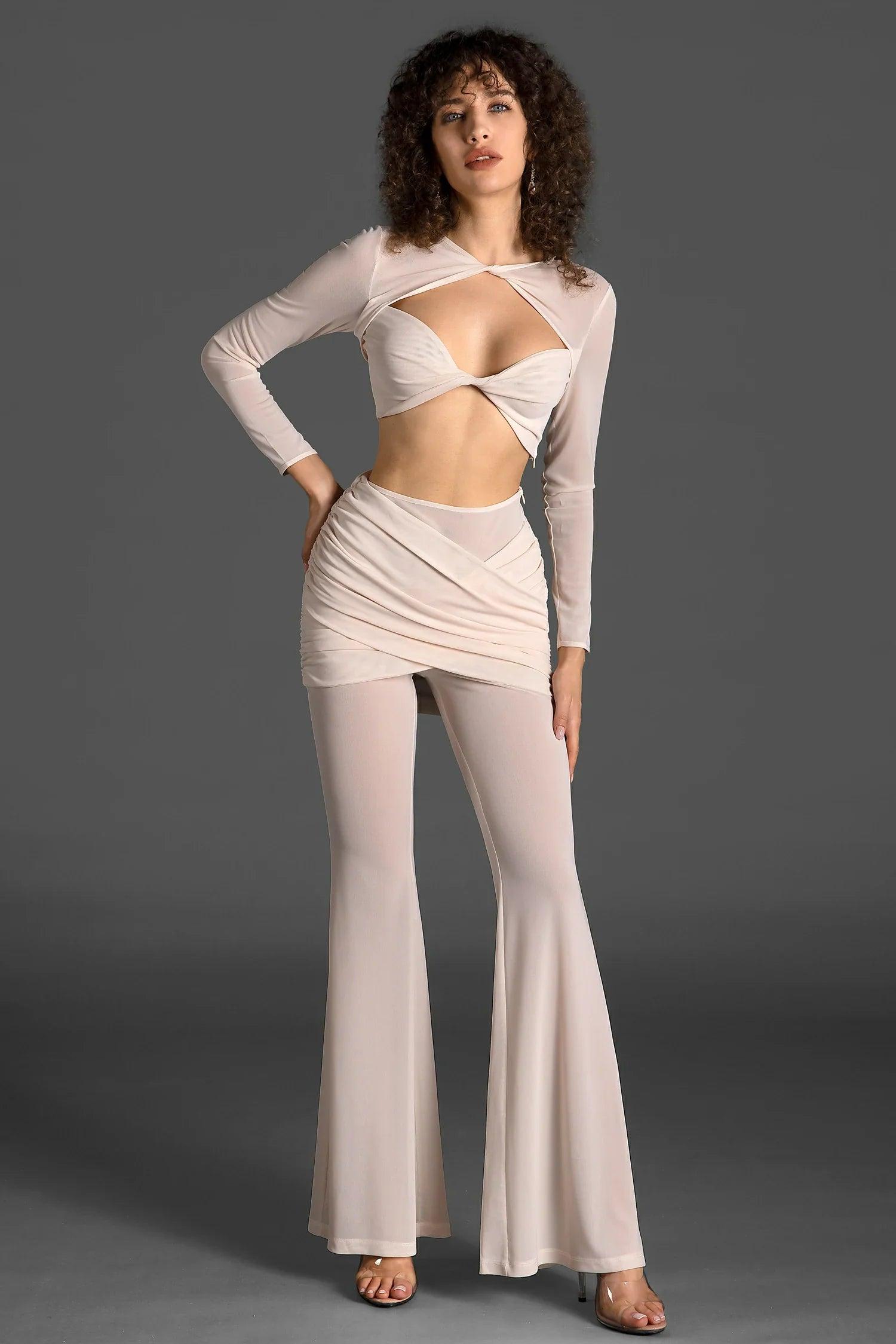 Vassidi Long Sleeve Pleat Twisted Mesh Set In White