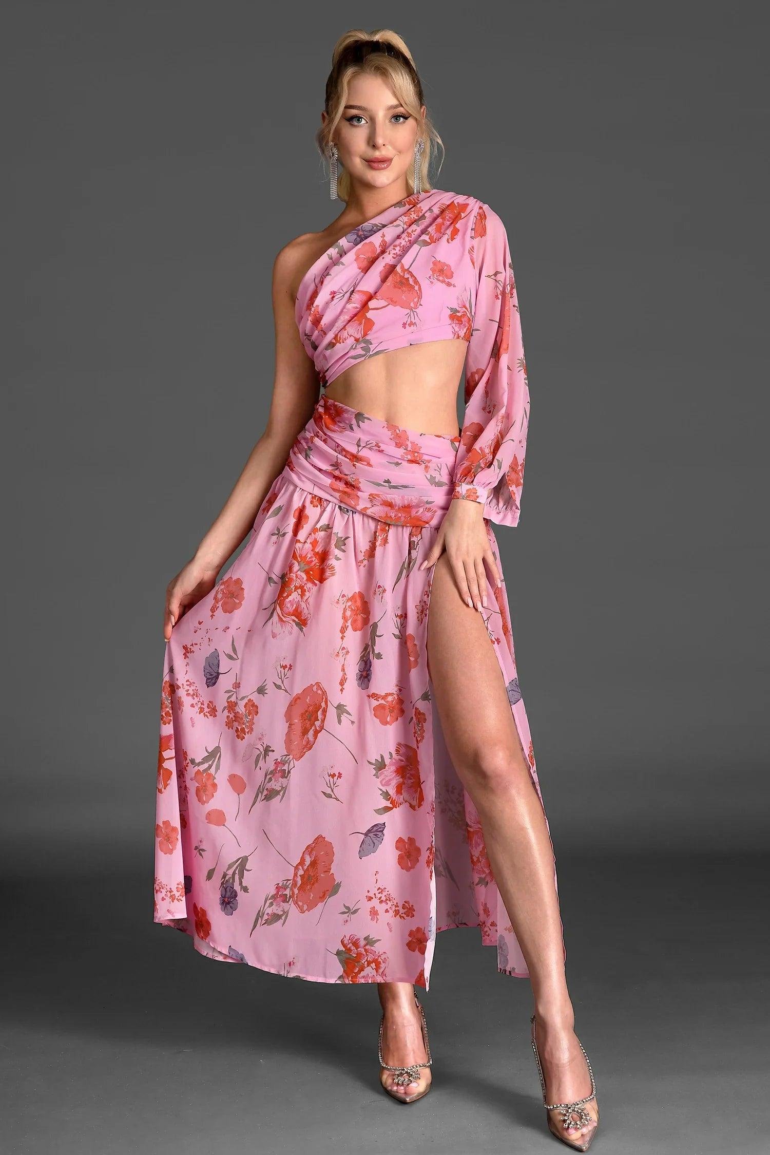 Llias One Shoulder Printed High Slit Dress