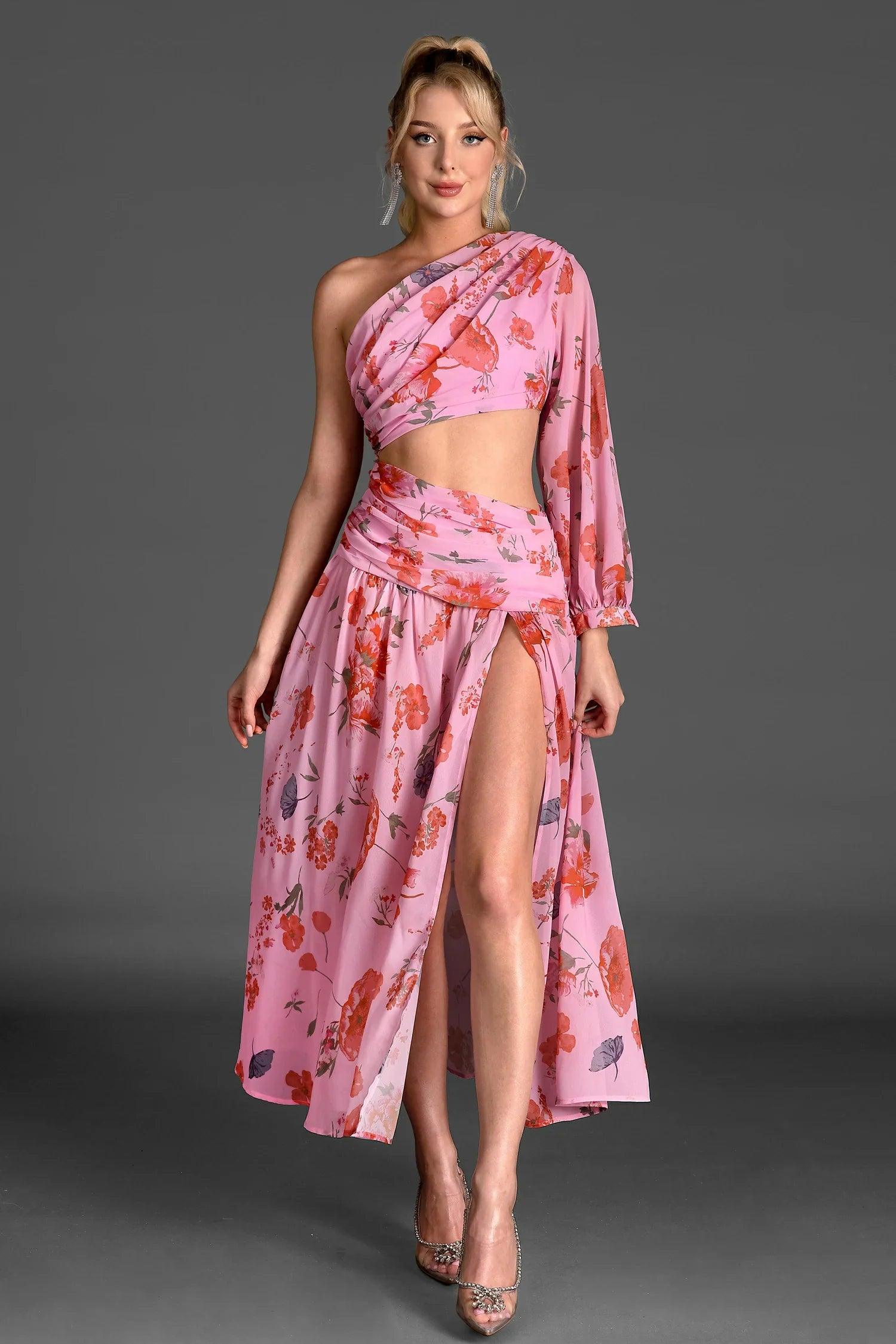 Llias One Shoulder Printed High Slit Dress