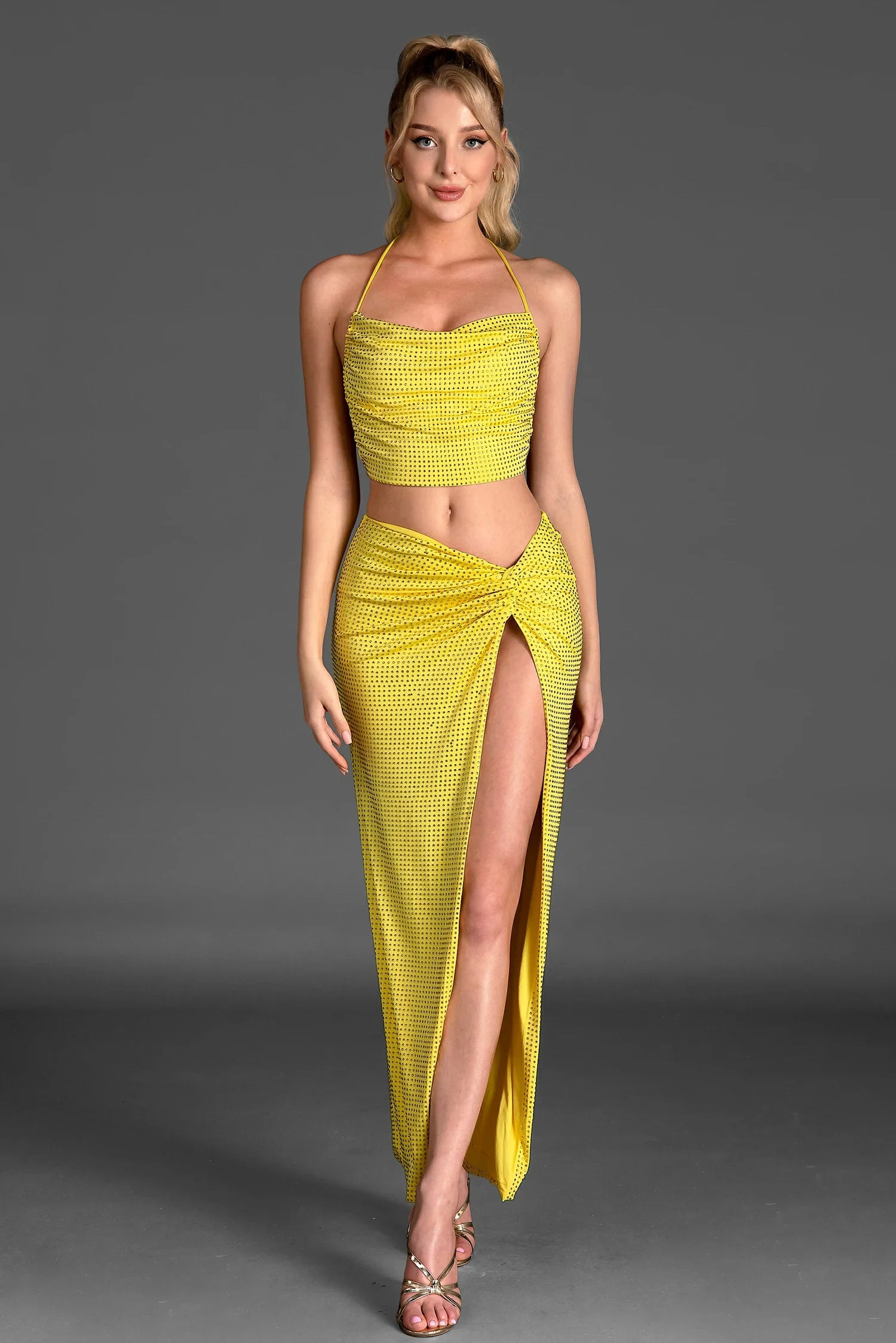 Xeneli Backless Halter High Slit 2 Piece Set In Yellow