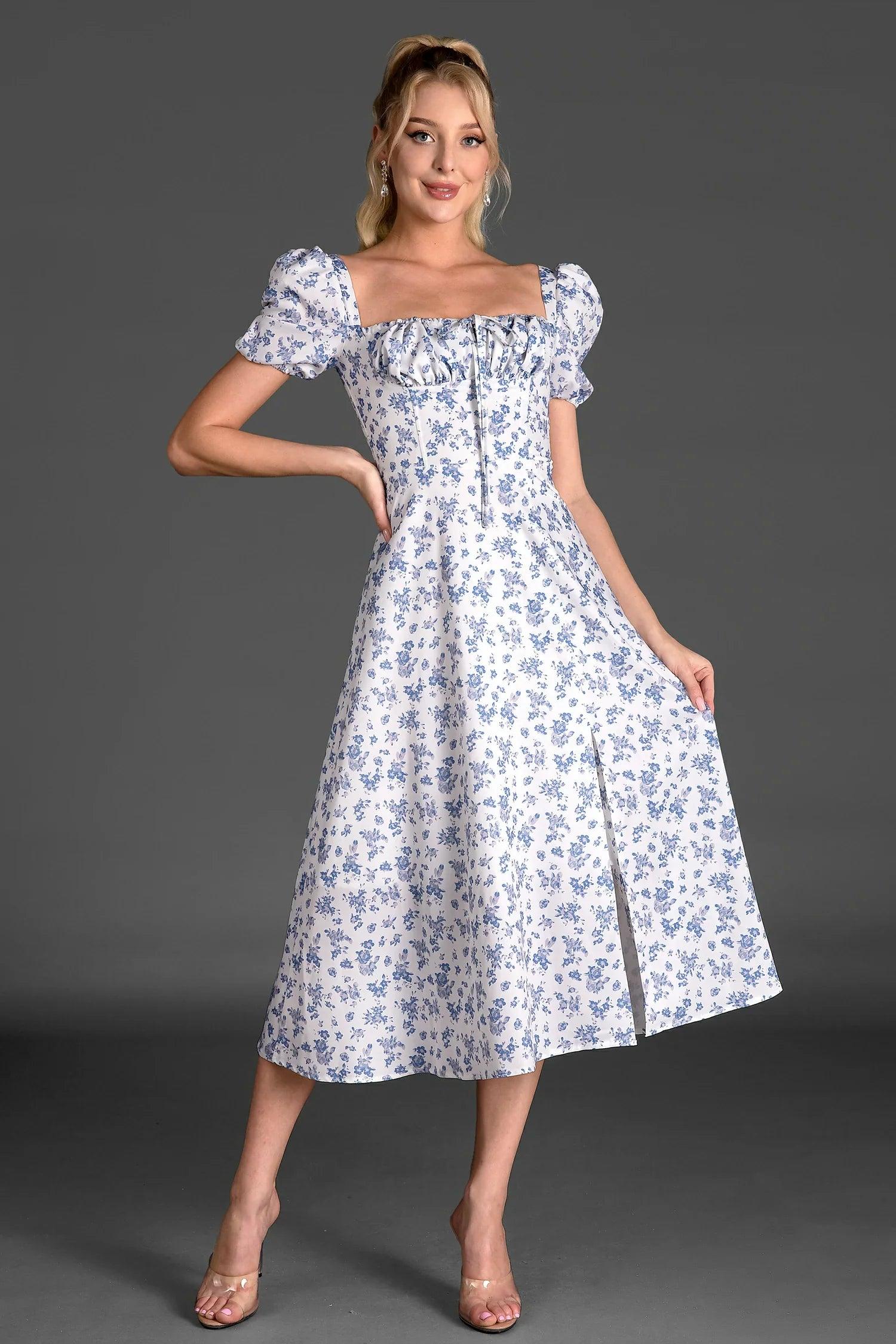 Serafim Floral Side Split Puff Sleeve Dress In Blue