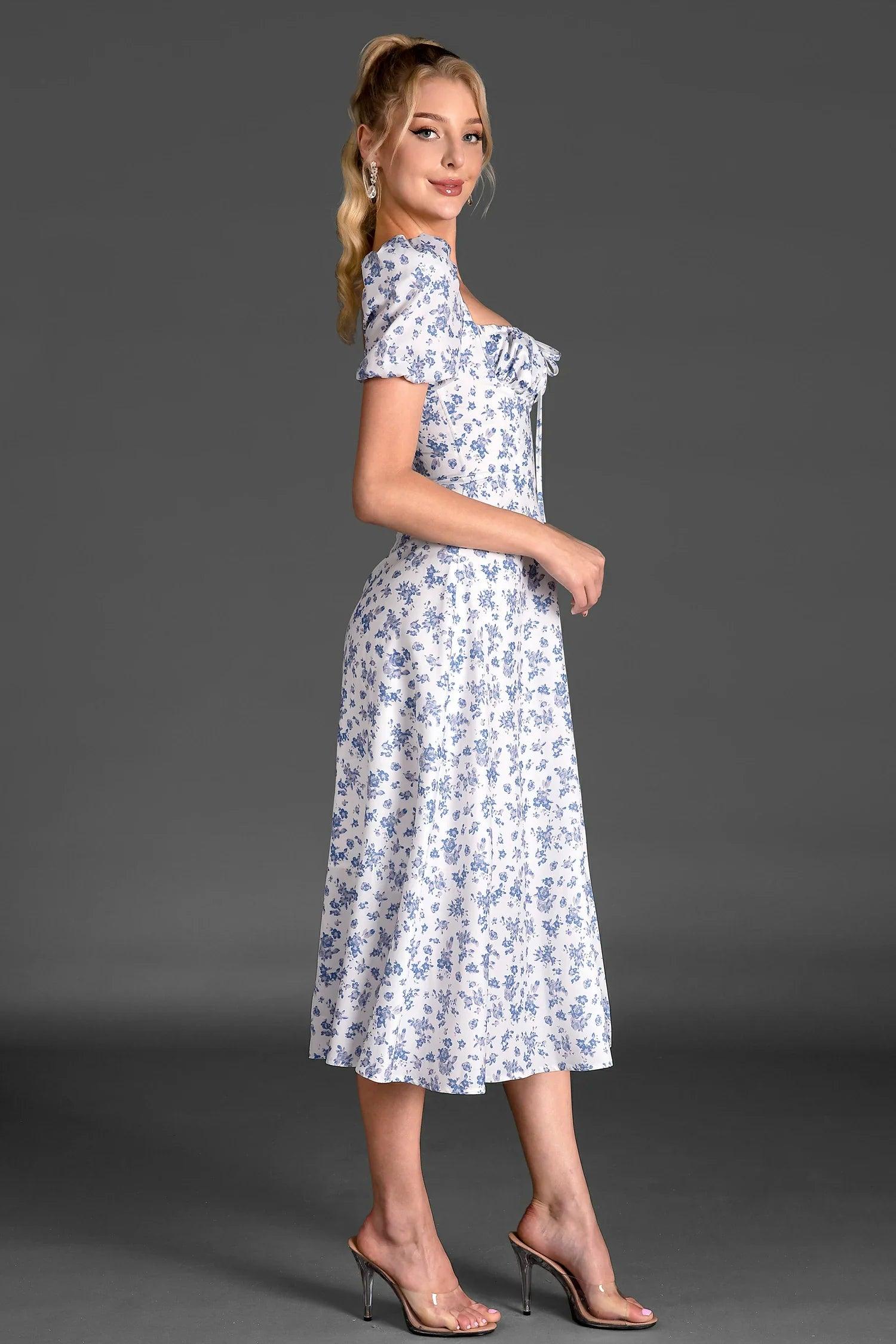 Serafim Floral Side Split Puff Sleeve Dress In Blue