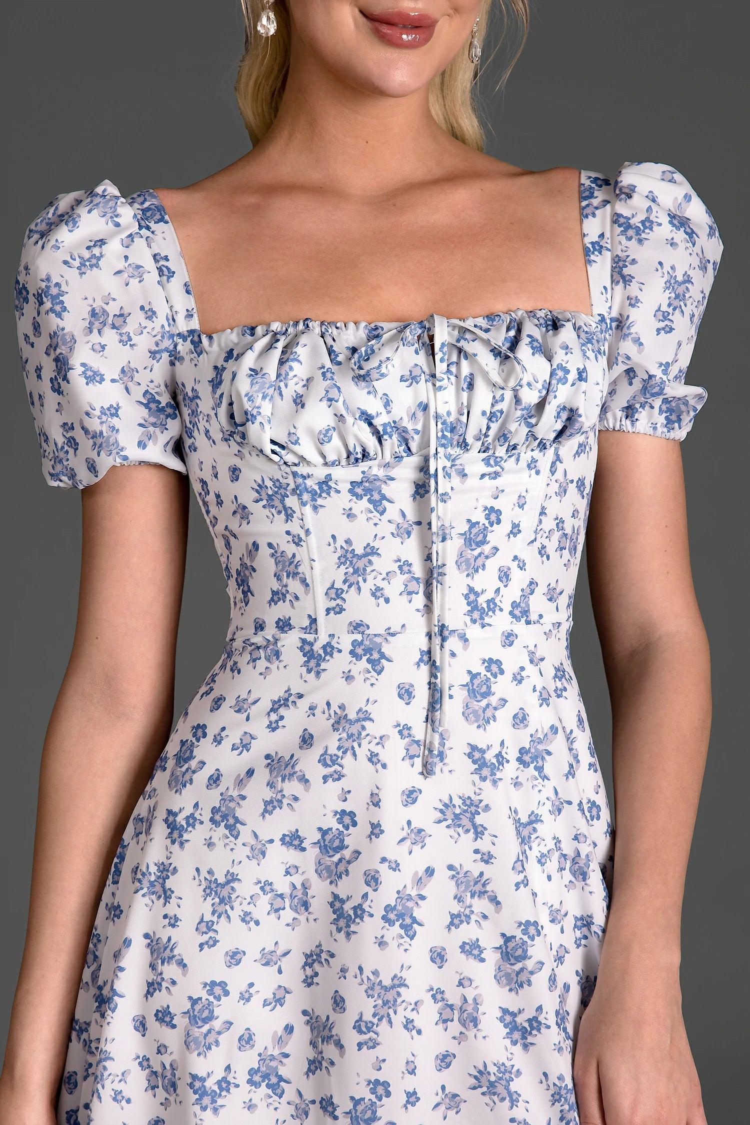 Serafim Floral Side Split Puff Sleeve Dress In Blue