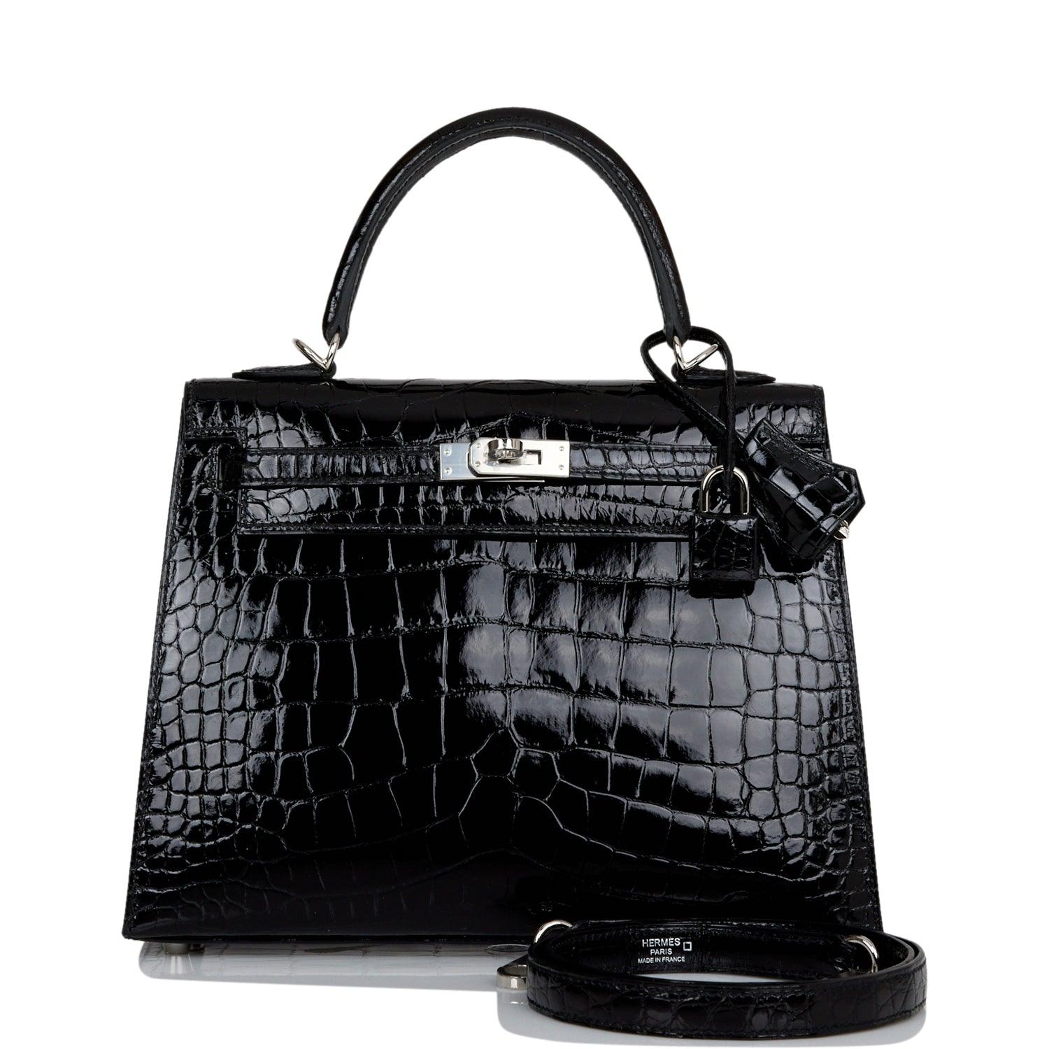 Kelly Sellier 25 Black Shiny Alligator Palladium Hardware Kilta bags