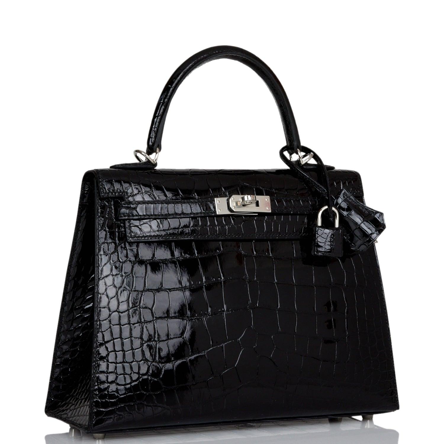 Kelly Sellier 25 Black Shiny Alligator Palladium Hardware Kilta bags