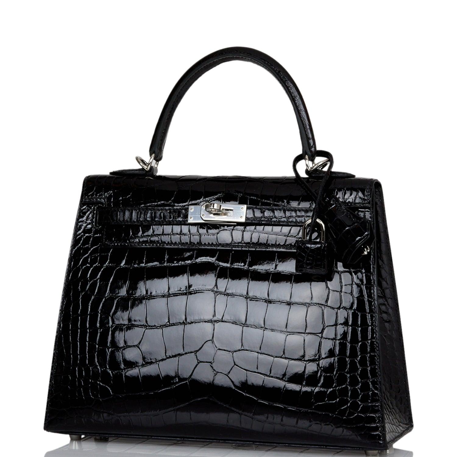 Kelly Sellier 25 Black Shiny Alligator Palladium Hardware Kilta bags