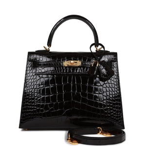 Kelly Sellier 25 Black Shiny Alligator Gold Hardware Kilta bags