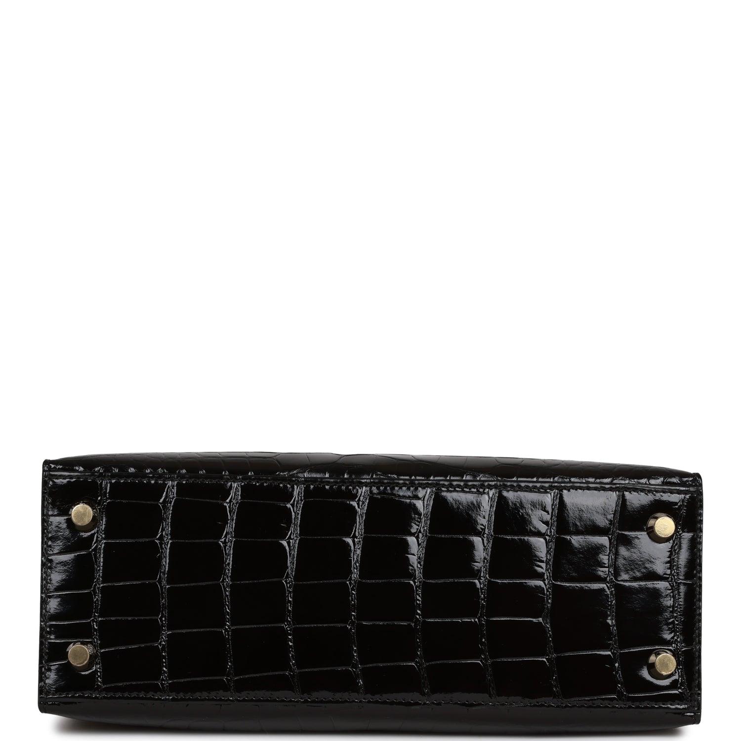 Kelly Sellier 25 Black Shiny Alligator Gold Hardware Kilta bags