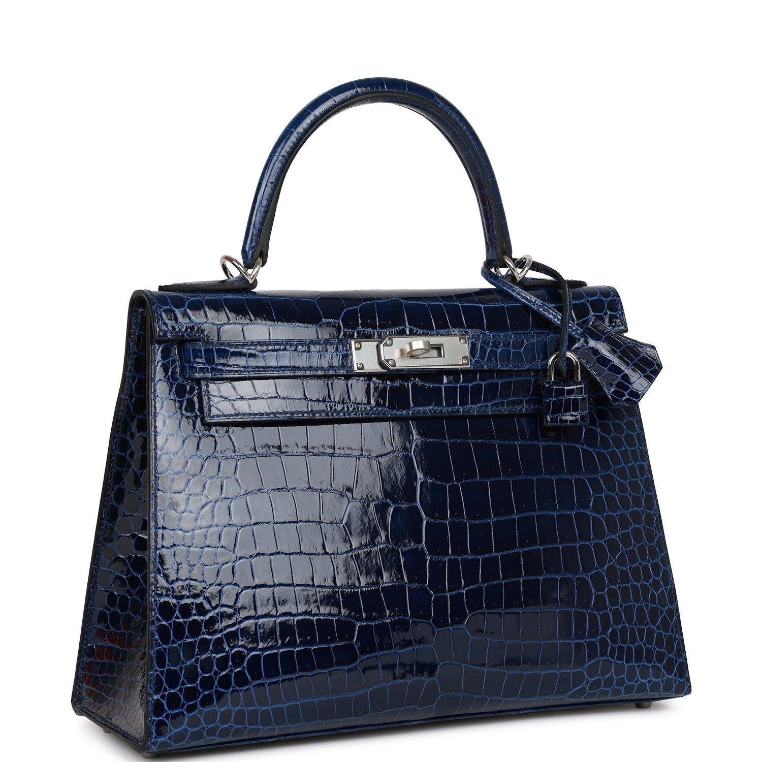 HRMS Kelly Sellier 28 Bleu Saphir Shiny Porosus Crocodile Palladium Hardware Kilta bags