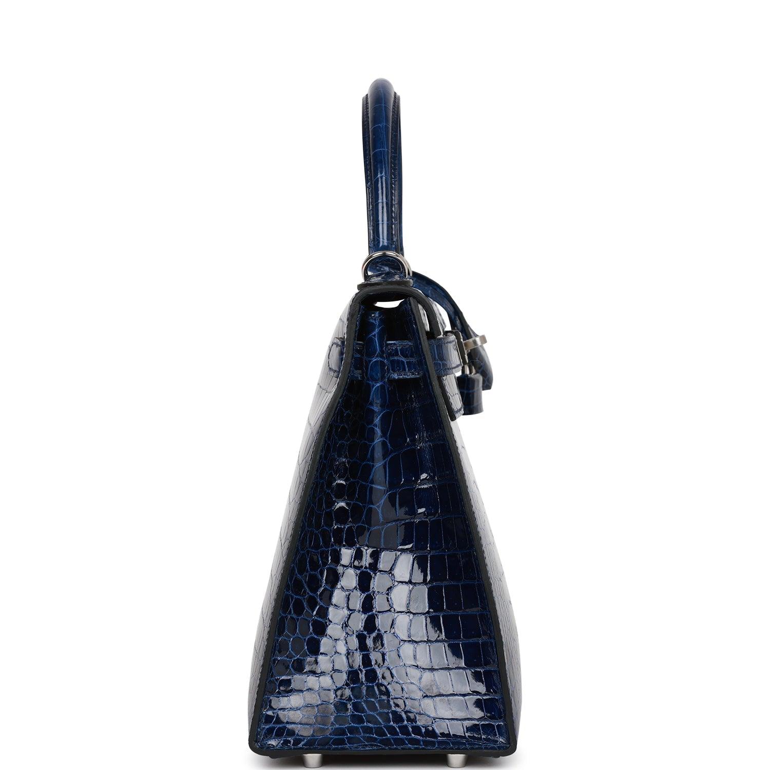 HRMS Kelly Sellier 28 Bleu Saphir Shiny Porosus Crocodile Palladium Hardware Kilta bags