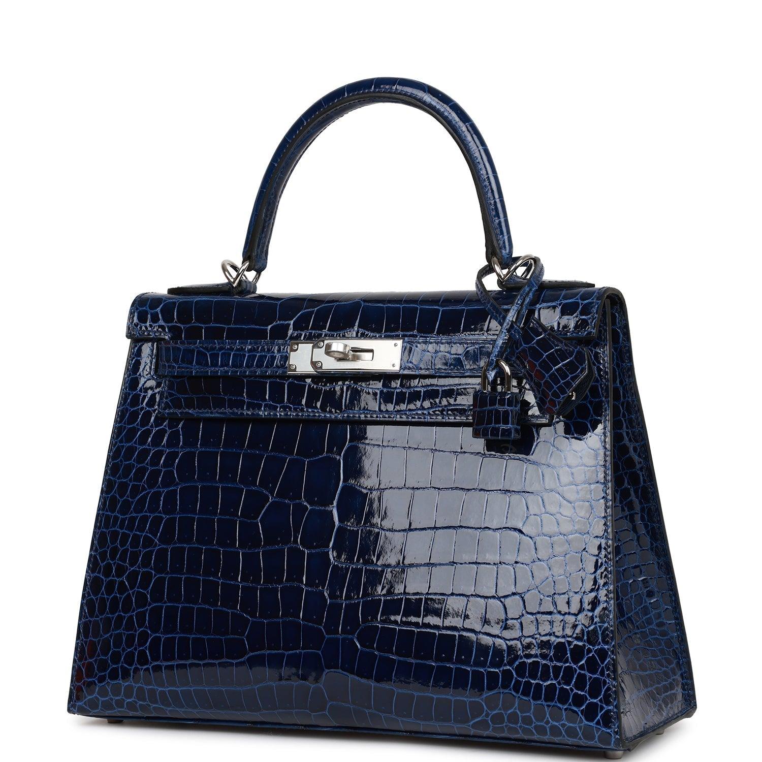 HRMS Kelly Sellier 28 Bleu Saphir Shiny Porosus Crocodile Palladium Hardware Kilta bags