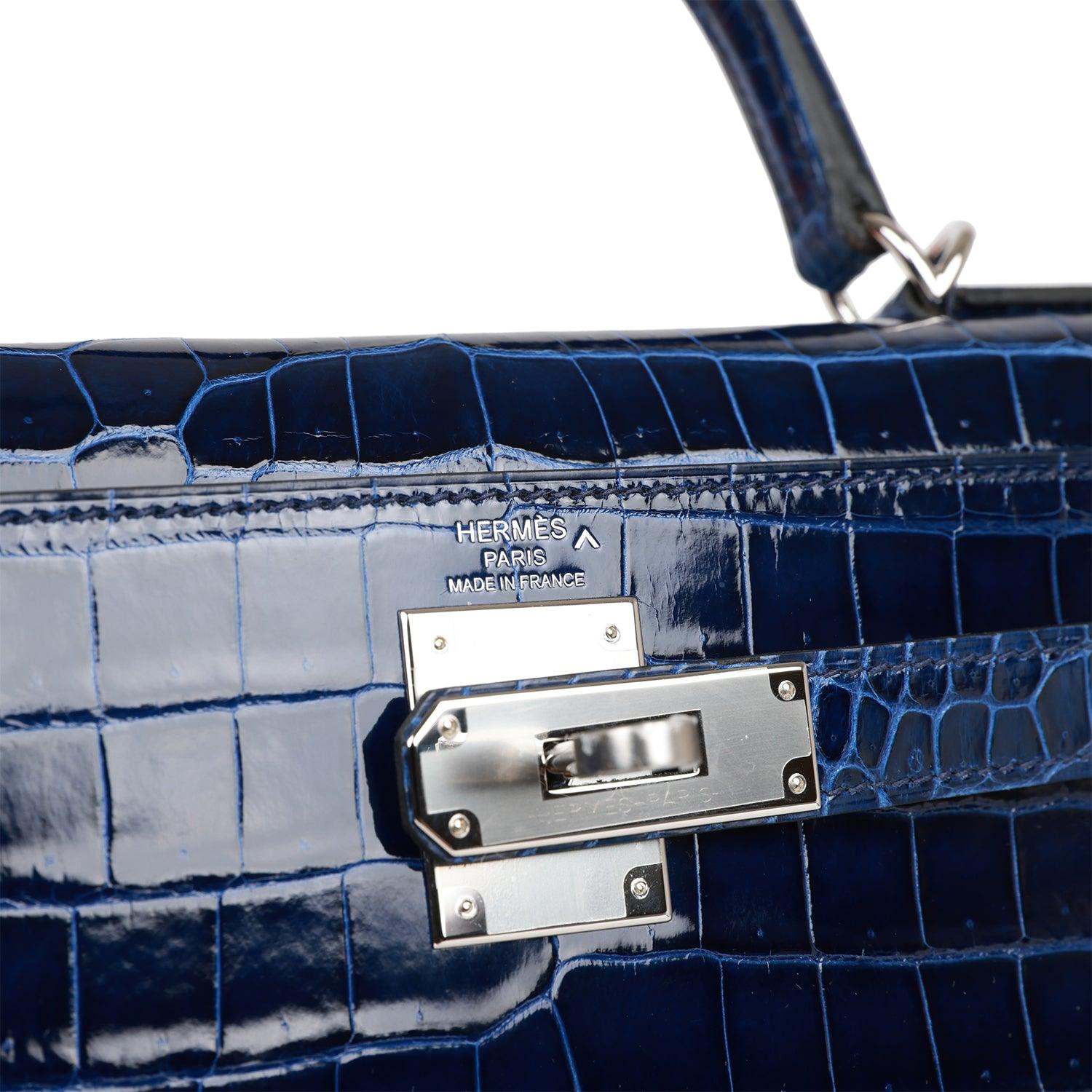 HRMS Kelly Sellier 28 Bleu Saphir Shiny Porosus Crocodile Palladium Hardware Kilta bags