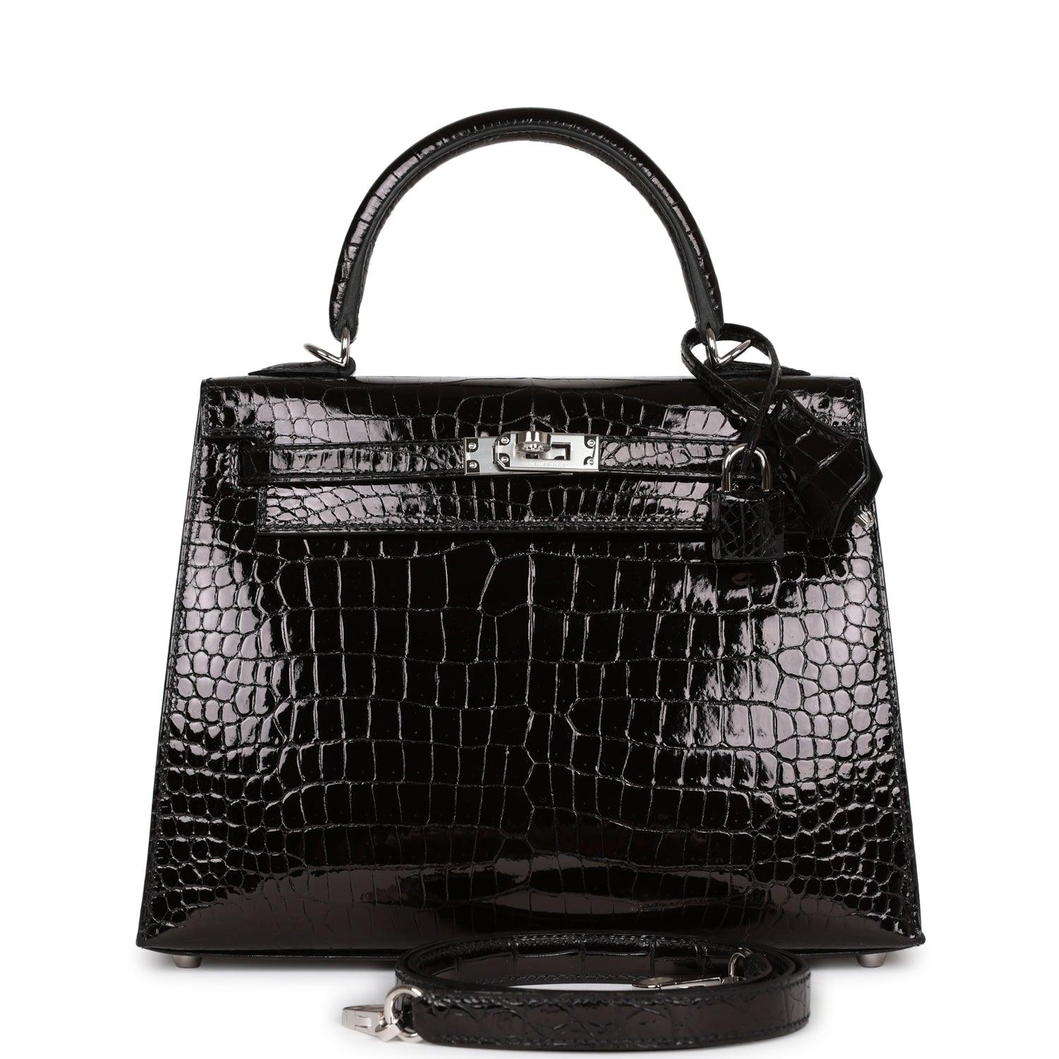 Kelly Sellier 25 Black Shiny Porosus Crocodile Palladium Hardware Kilta bags