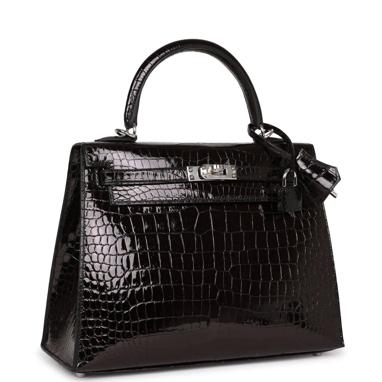 Kelly Sellier 25 Black Shiny Porosus Crocodile Palladium Hardware Kilta bags