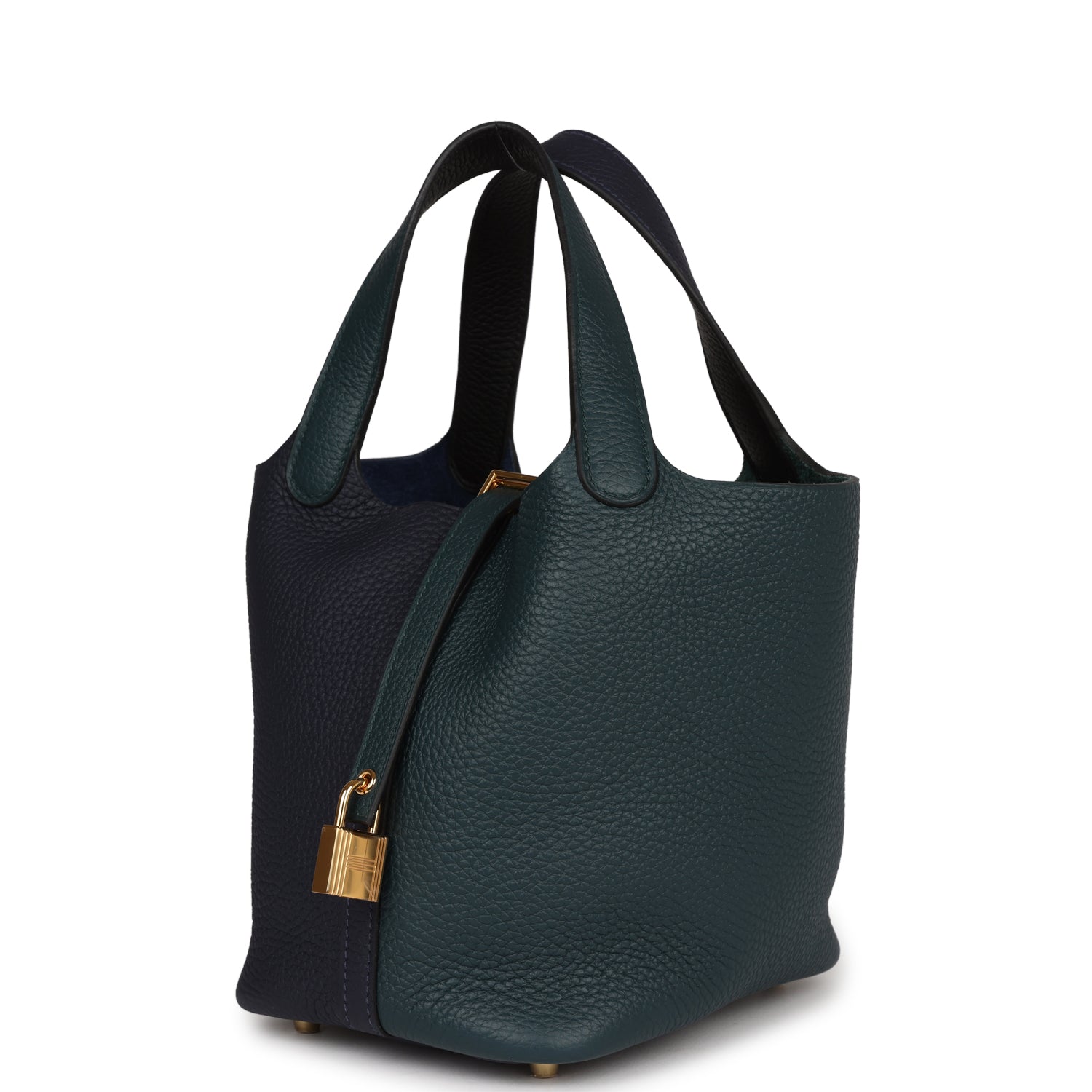 Picotin Lock 18 Casaque Bleu Nuit and Vert Cypress Clemence Gold Hardware Kilta bags