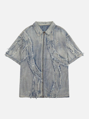 High Street Texture Washed Raw Edge Patch Embroidered Denim Jacket Shirt SP240412S5NL