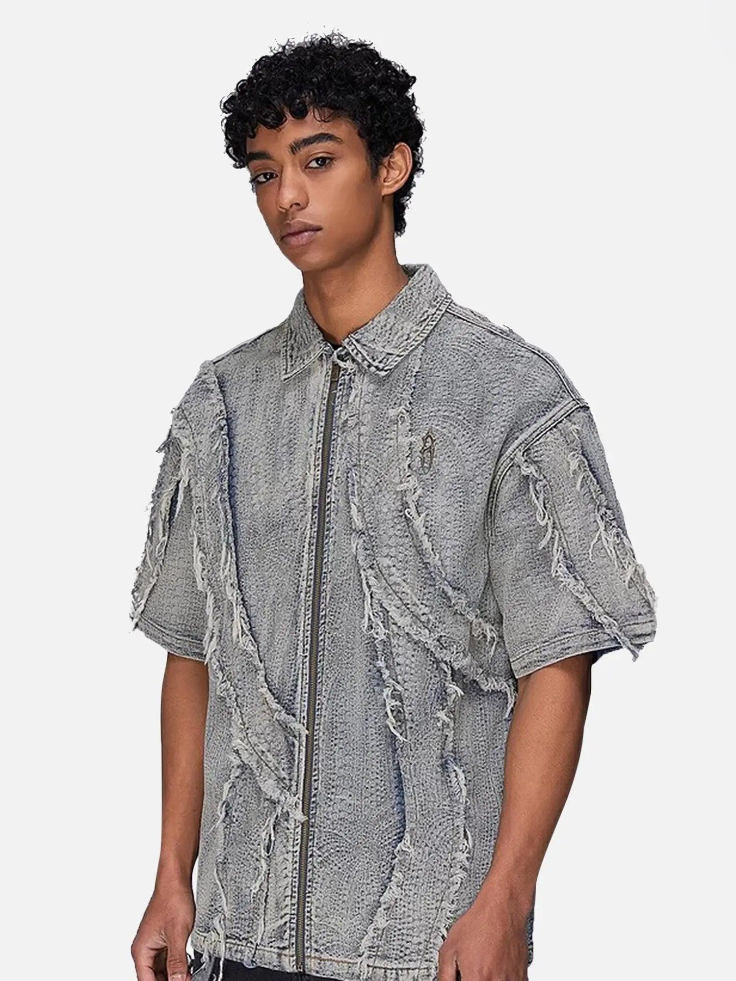 High Street Texture Washed Raw Edge Patch Embroidered Denim Jacket Shirt SP240412S5NL