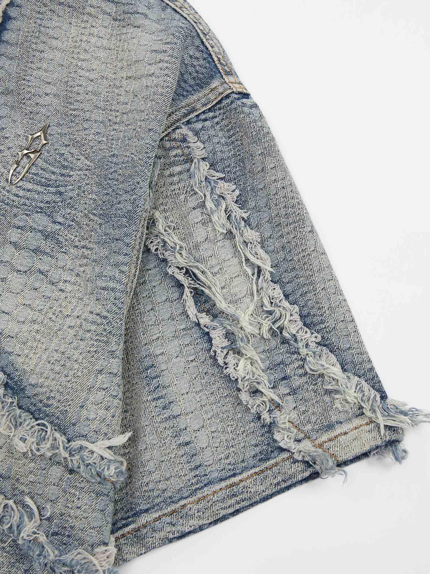 High Street Texture Washed Raw Edge Patch Embroidered Denim Jacket Shirt SP240412S5NL