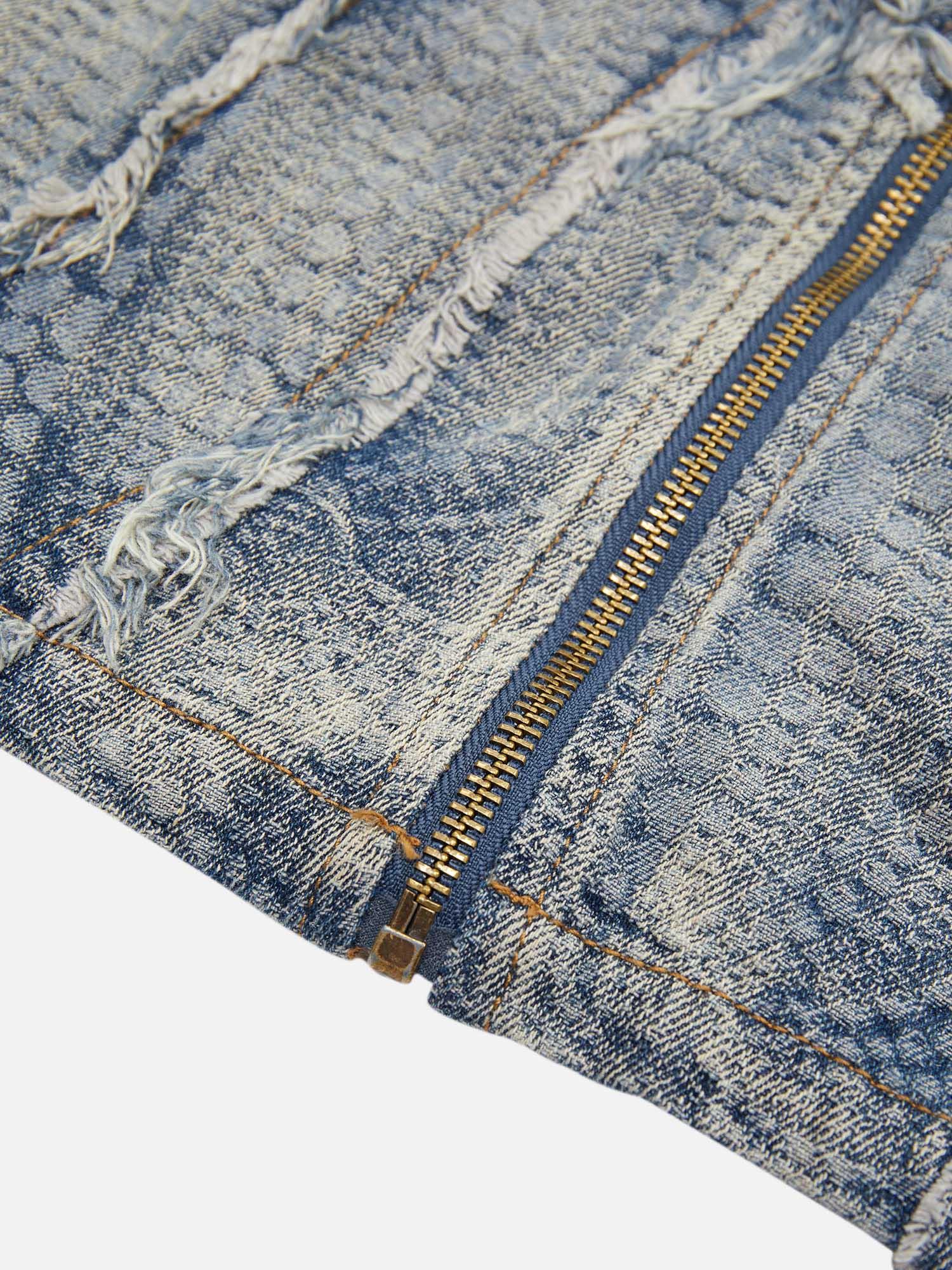 High Street Texture Washed Raw Edge Patch Embroidered Denim Jacket Shirt SP240412S5NL