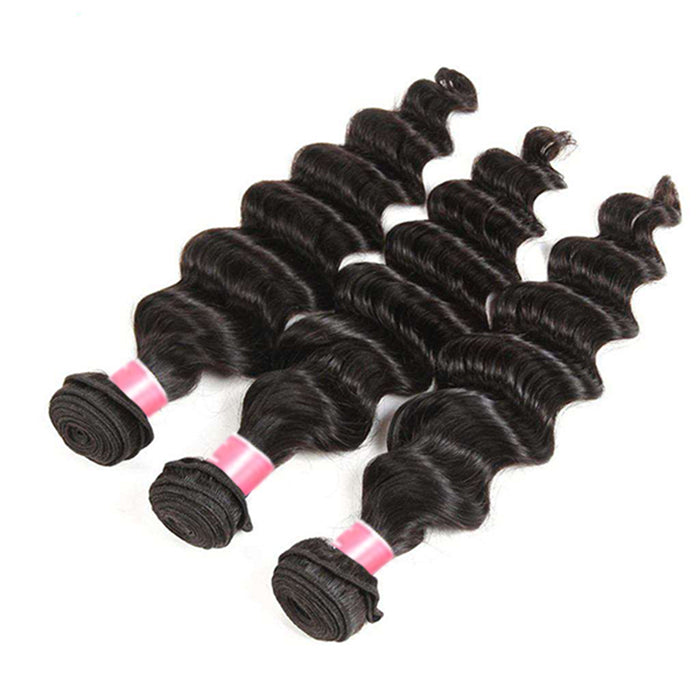 Peruvian Loose Deep Wave Virgin Hair Weave 3 Bundles With 13*4 Lace Frontal Hermosa Hair