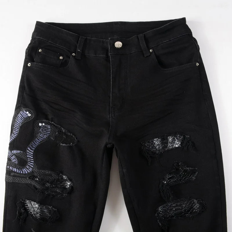 Ripped Leather Patch Jeans V2 - 1984brand