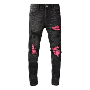 Pink Leather Ribs Patchwork Holes Stretch Slim Fit Streetwear Ripped Jeans - 1984brand