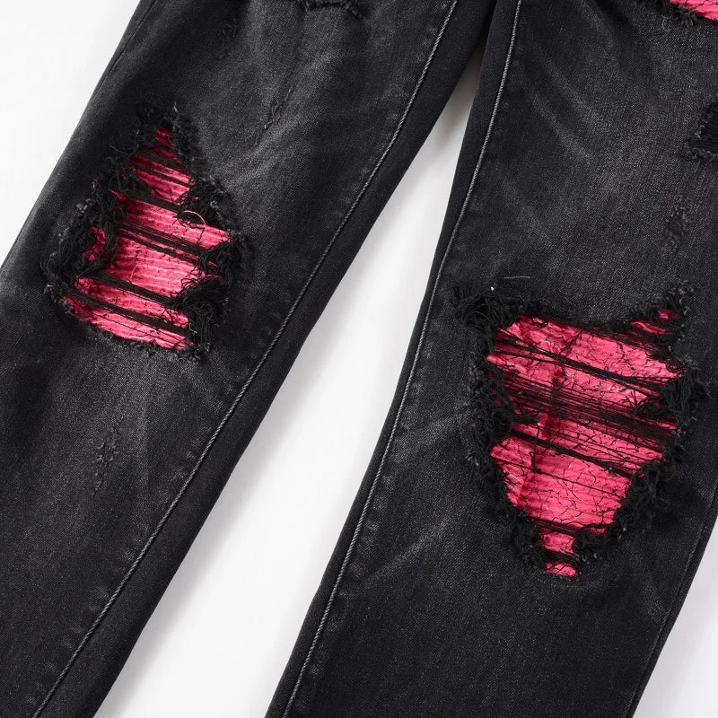 Pink Leather Ribs Patchwork Holes Stretch Slim Fit Streetwear Ripped Jeans - 1984brand