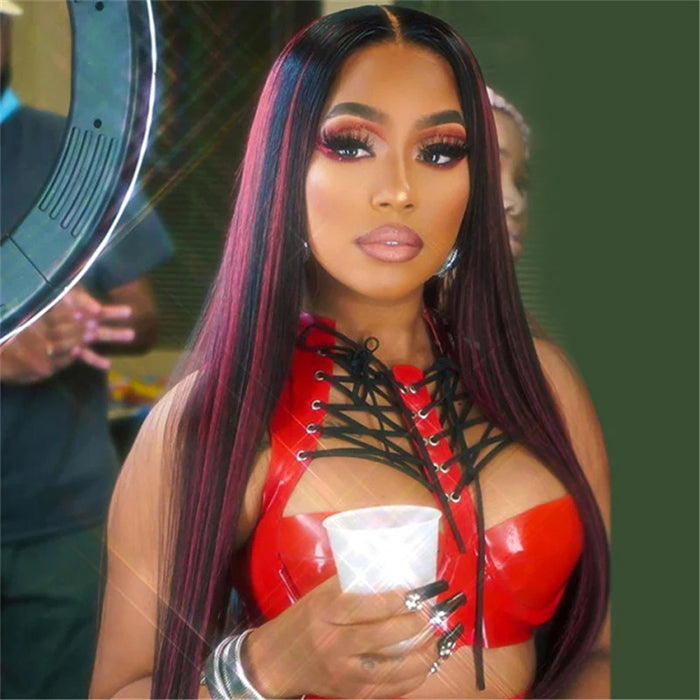 Black Wig With 99J Burgundy Highlight Mixed Colored 13*4/5x5 HD Lace Front Wigs Money Piece Hair Hermosa Hair
