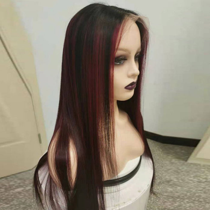 Black Wig With 99J Burgundy Highlight Mixed Colored 13*4/5x5 HD Lace Front Wigs Money Piece Hair Hermosa Hair