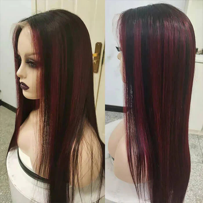 Black Wig With 99J Burgundy Highlight Mixed Colored 13*4/5x5 HD Lace Front Wigs Money Piece Hair Hermosa Hair