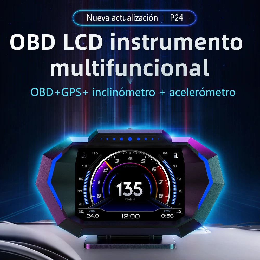 OBD + GPS HUD P24 Car OBD Head Up Display HUD on Board Computer Digital Speedometer Water Temp Fuel Consumption Slope Meter