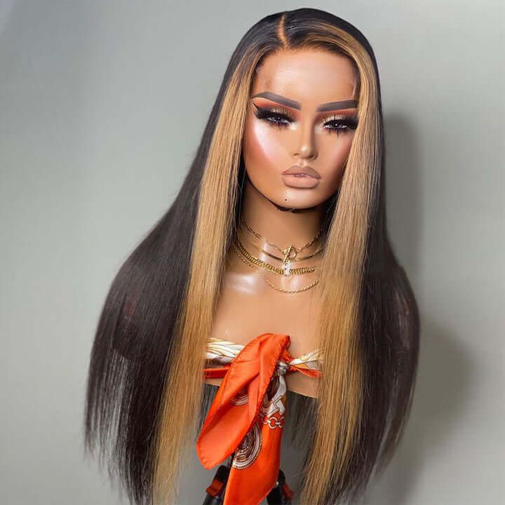 Skunk Stripe Wig With Honey Blonde Highlights Straight Hair HD Lace Front Wigs With Streaks In Front Hermosa Hair