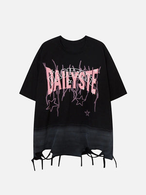 Street Hip-hop Washed Cut Letter Star T-shirt SP240320Y3DY