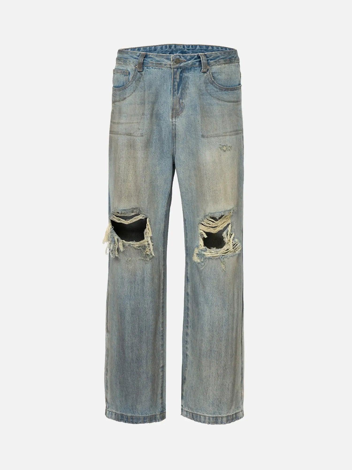 Street Retro Washed And Distressed Hip Hop Straight Jeans SP240412S6W6