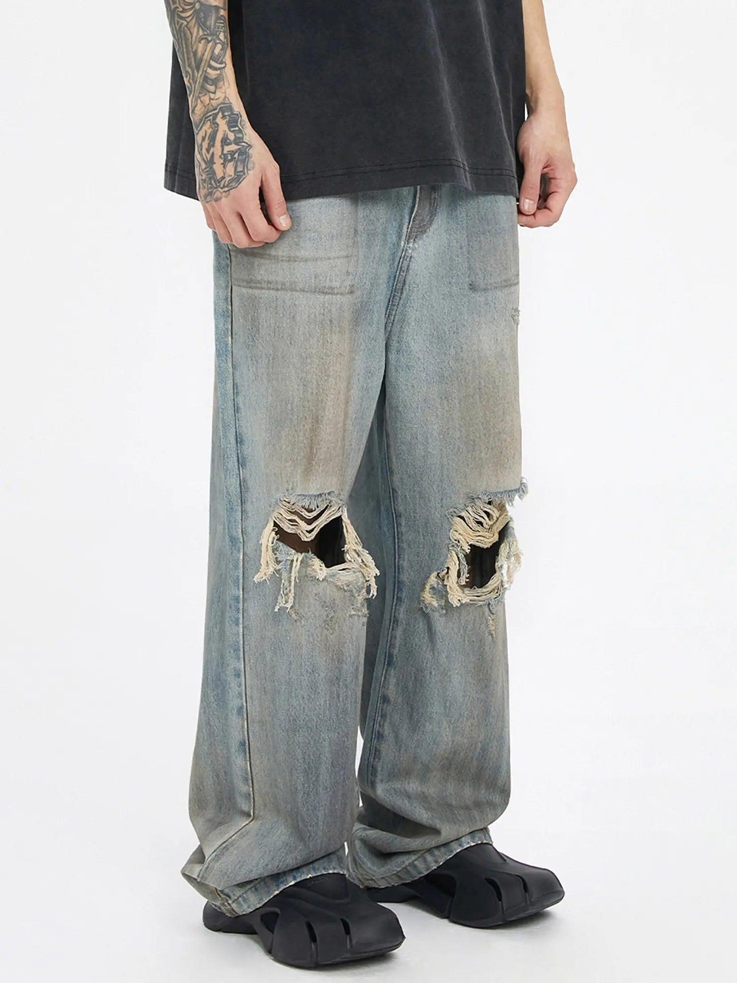 Street Retro Washed And Distressed Hip Hop Straight Jeans SP240412S6W6