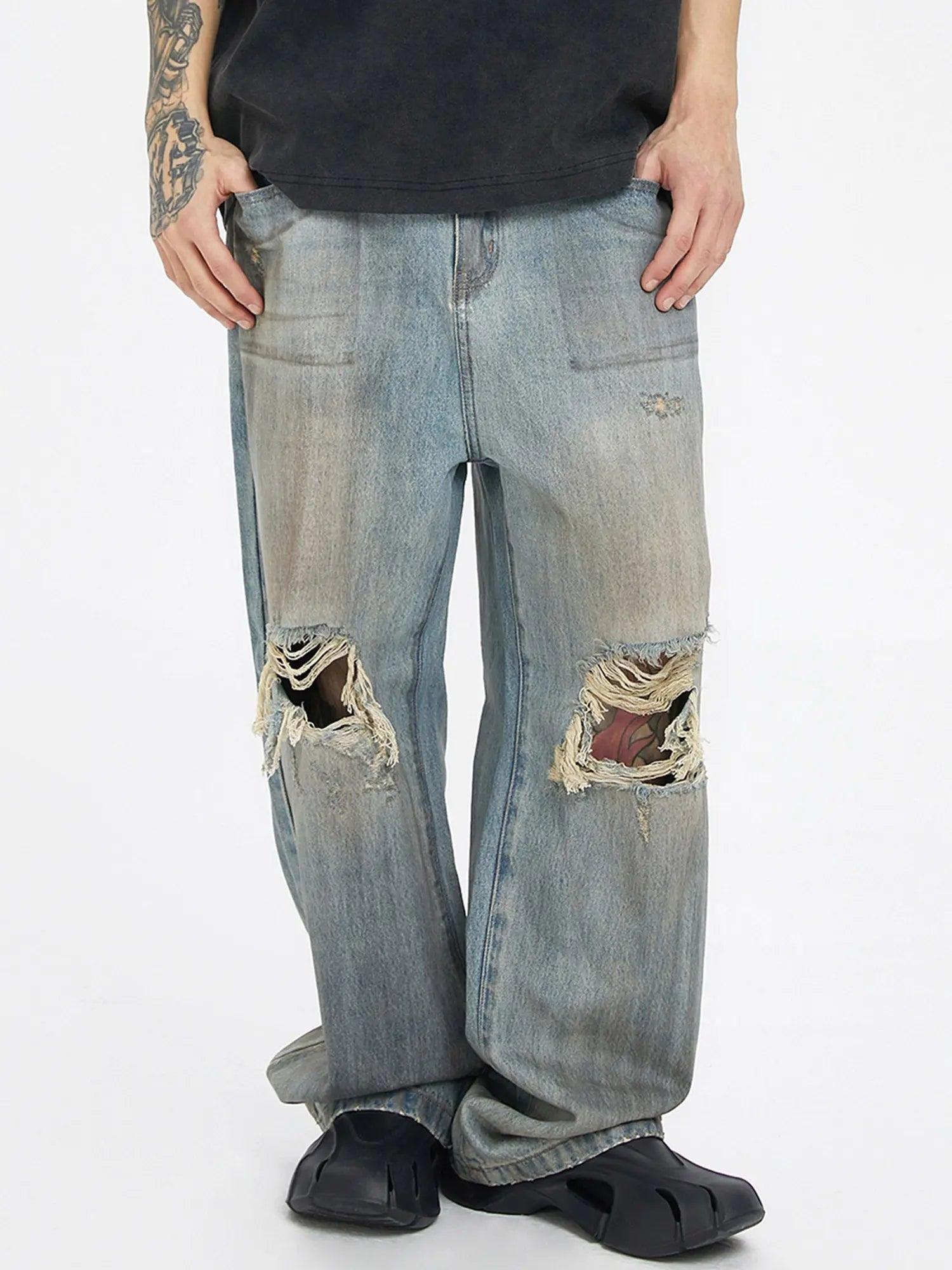 Street Retro Washed And Distressed Hip Hop Straight Jeans SP240412S6W6