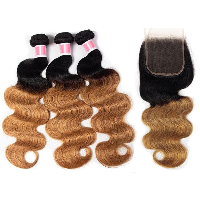 Ombre T1b/27 Body Wave 3 Bundles with Closure Free Part Virgin Human Hair Free Part hermosahair