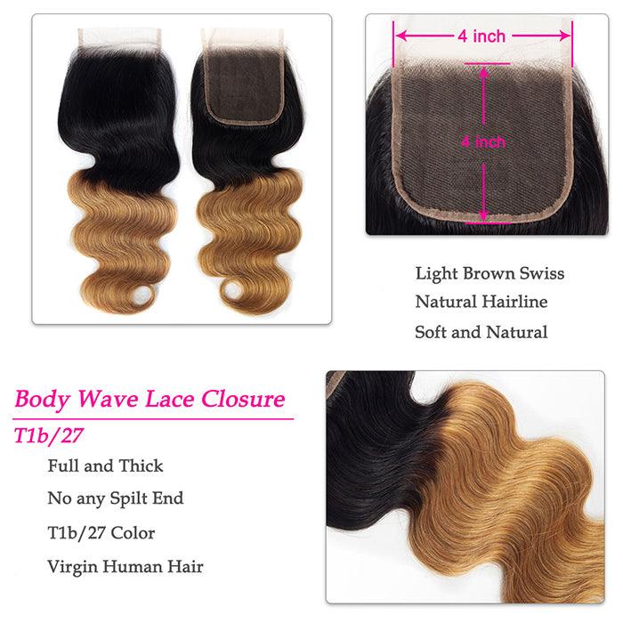 Ombre T1b/27 Body Wave 3 Bundles with Closure Free Part Virgin Human Hair Free Part hermosahair