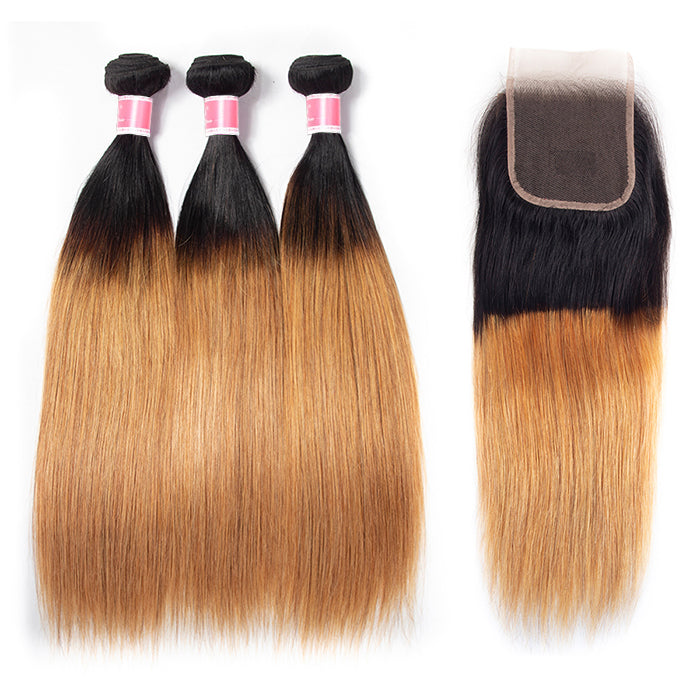 Ombre T1b/27 Straight Hair 3 Bundles with Closure Free Part Virgin Human Hair Free Part hermosahair