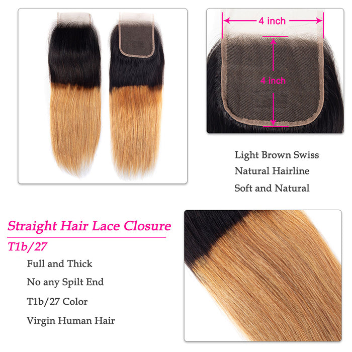 Ombre T1b/27 Straight Hair 3 Bundles with Closure Free Part Virgin Human Hair Free Part hermosahair